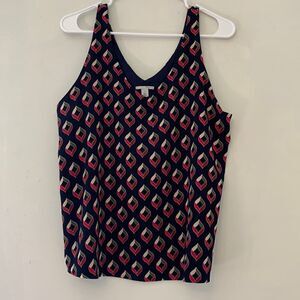 Halogen petite navy patterned sleeveless blouse Size MP Length 25” Bust about 18